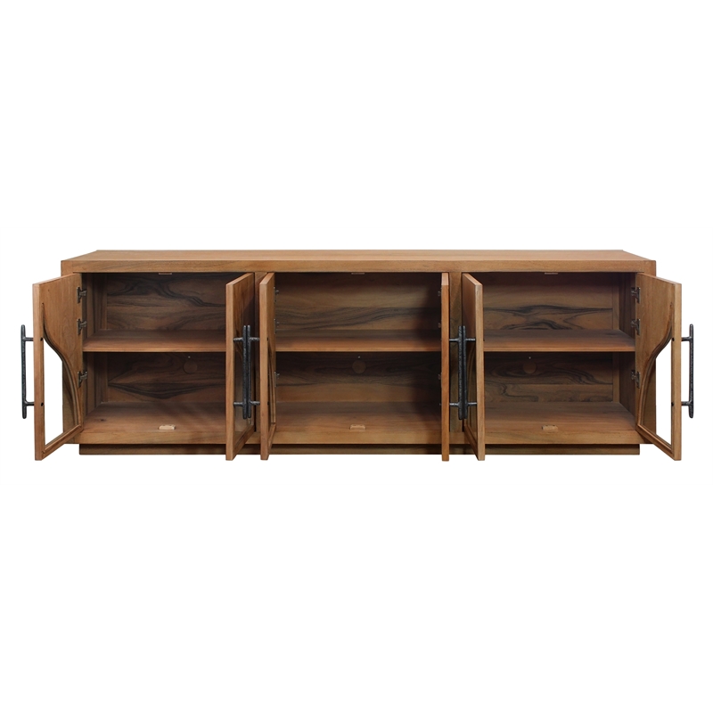 Pemberly Row 6-Door Acacia Sideboard with Curved Glass Panels in Natural Finish