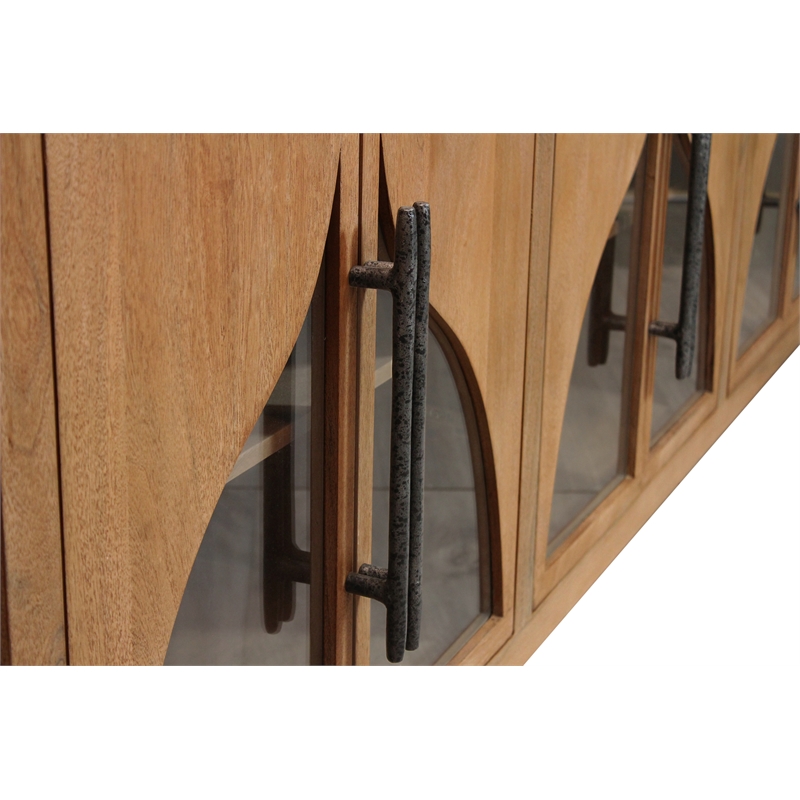 Pemberly Row 6-Door Acacia Sideboard with Curved Glass Panels in Natural Finish
