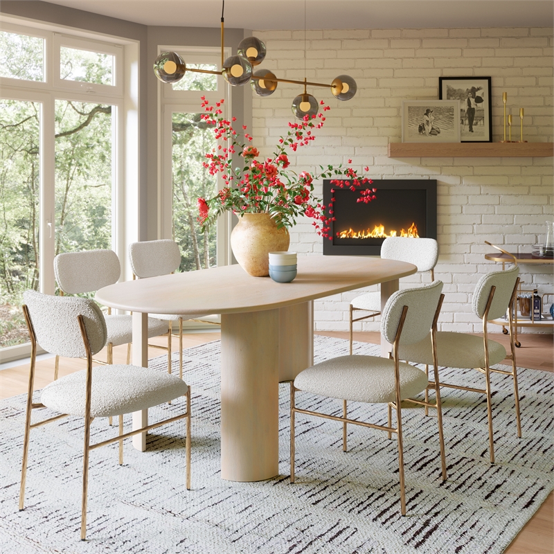 Pemberly Row Shearling Fabric Dining Chair in Cream and Gold Finish