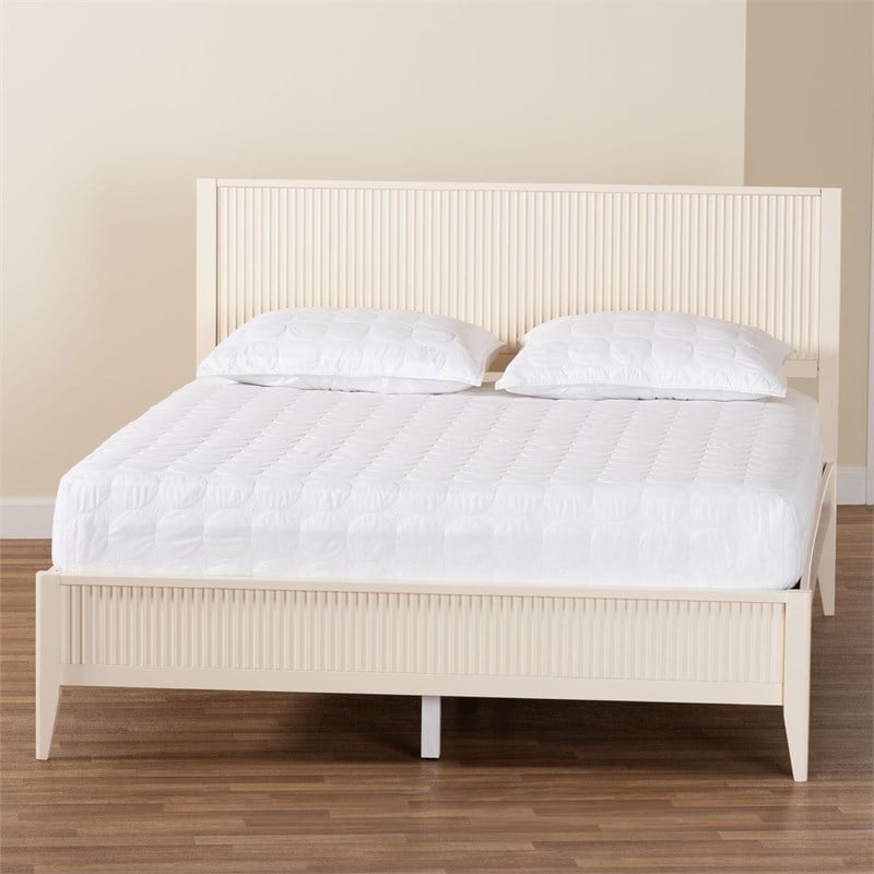 Pemberly Row Primrose Mid-Century Ivory Queen Platform Bed in Wood