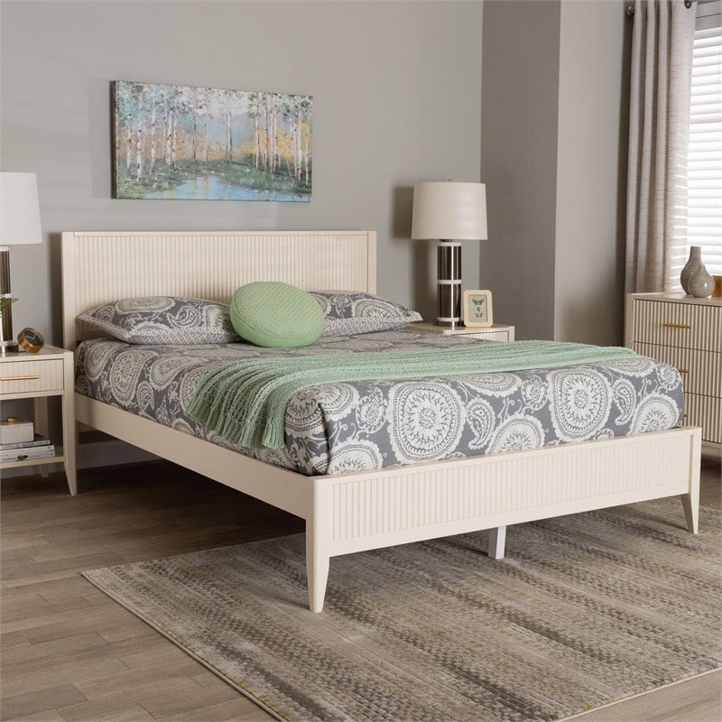 Pemberly Row Primrose Ivory King Platform Bed with Fluted Wood Design
