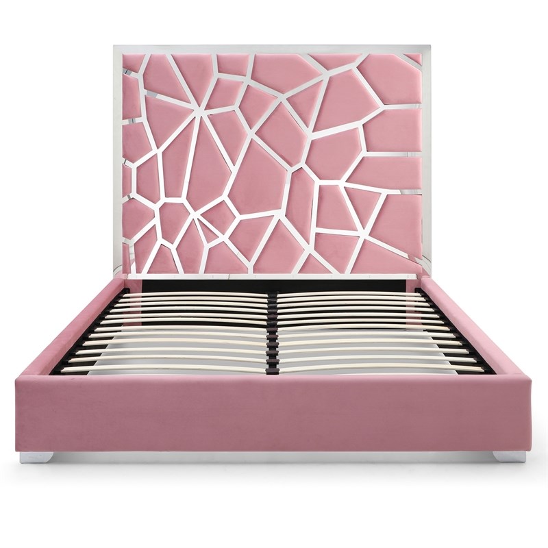 Pemberly Row King Velvet Bed with Unique Headboard and Metal Frame in Pink