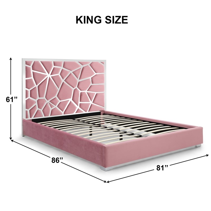 Pemberly Row King Velvet Bed with Unique Headboard and Metal Frame in Pink