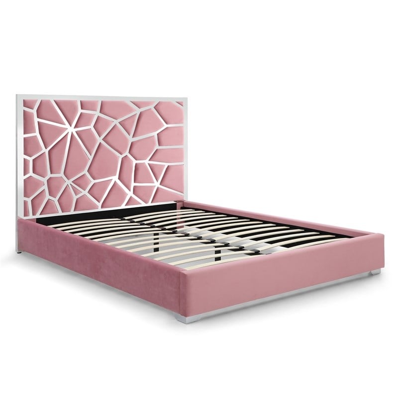 Pemberly Row King Velvet Bed with Unique Headboard and Metal Frame in Pink
