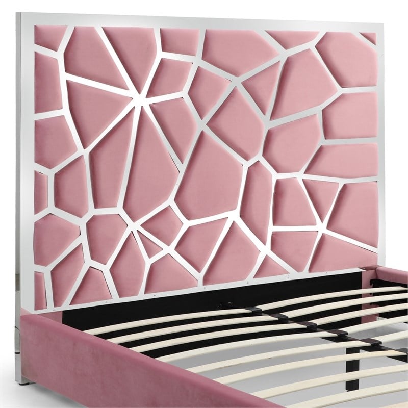 Pemberly Row King Velvet Bed with Unique Headboard and Metal Frame in Pink