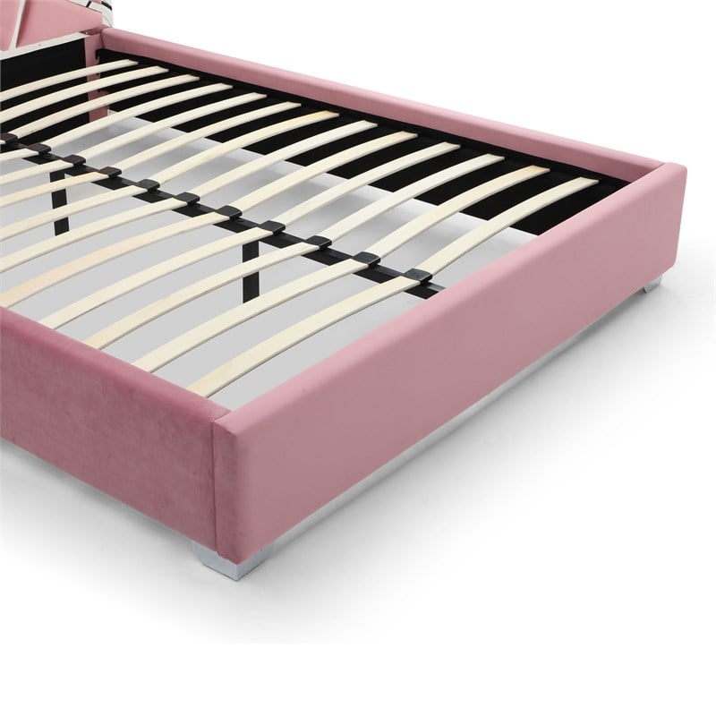 Pemberly Row King Velvet Bed with Unique Headboard and Metal Frame in Pink