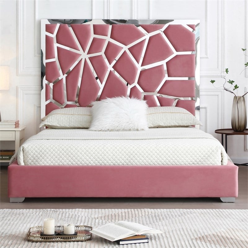 Pemberly Row King Velvet Bed with Unique Headboard and Metal Frame in Pink