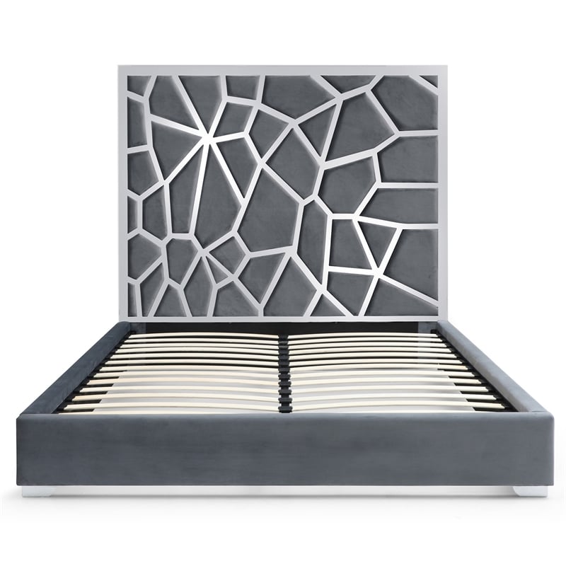 Pemberly Row Serenity King Velvet Bed with Silver Metal Frame in Gray