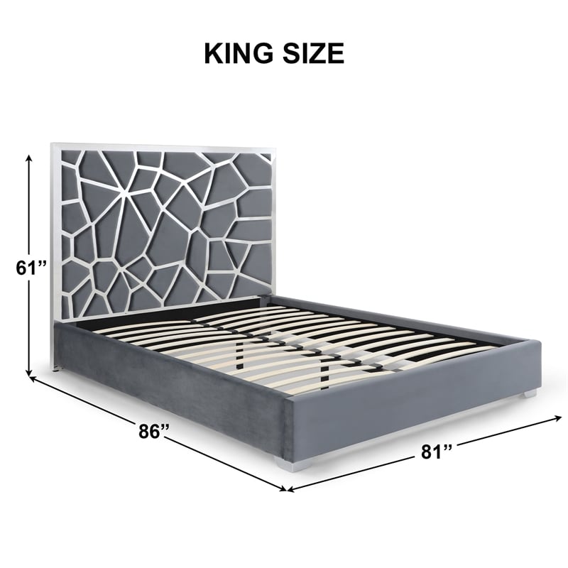 Pemberly Row Serenity King Velvet Bed with Silver Metal Frame in Gray