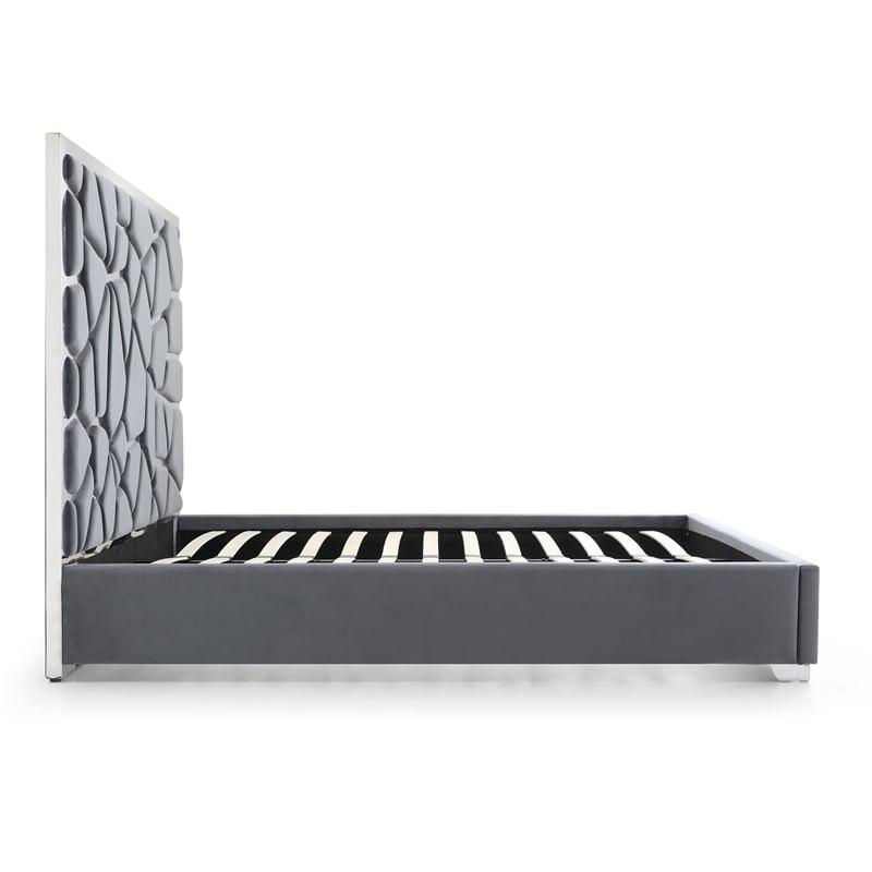Pemberly Row Serenity King Velvet Bed with Silver Metal Frame in Gray