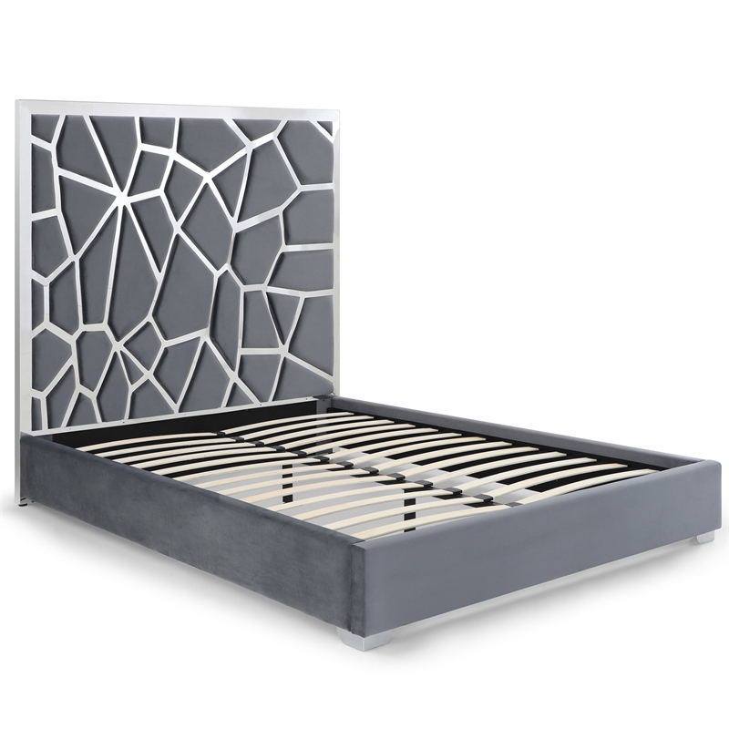 Pemberly Row Serenity King Velvet Bed with Silver Metal Frame in Gray