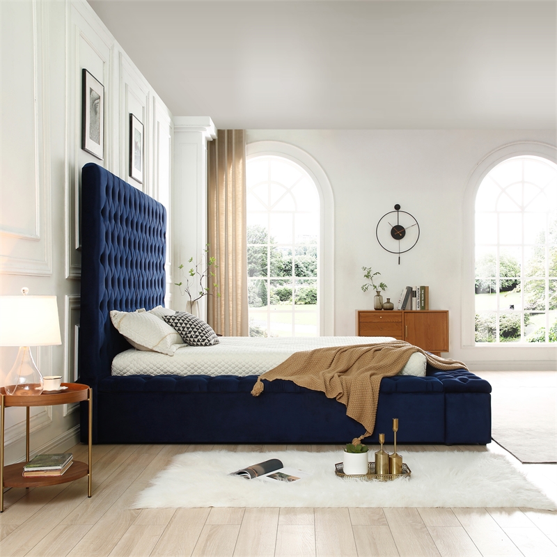 Pemberly Row Queen Velvet Tufted Storage Platform Bed in Blue
