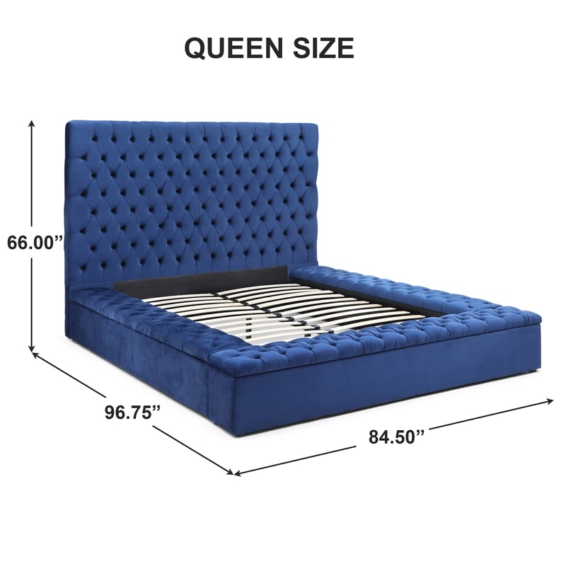 Pemberly Row Queen Velvet Tufted Storage Platform Bed in Blue