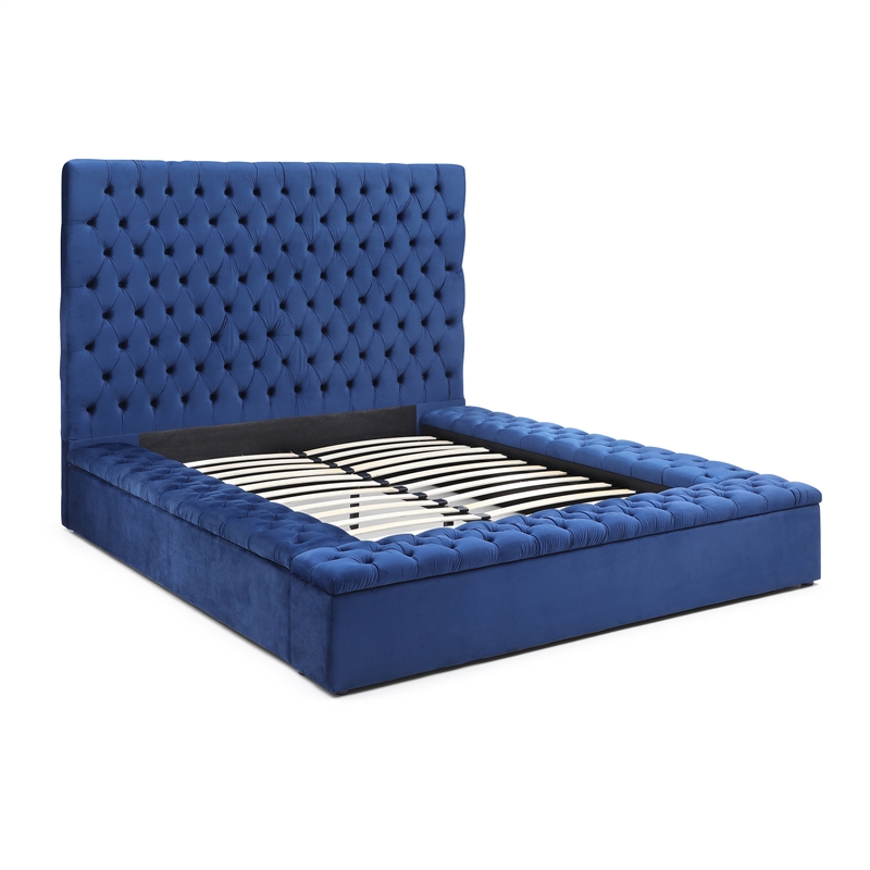 Pemberly Row Queen Velvet Tufted Storage Platform Bed in Blue