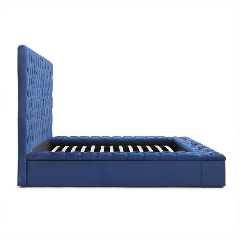 Pemberly Row Queen Velvet Tufted Storage Platform Bed in Blue