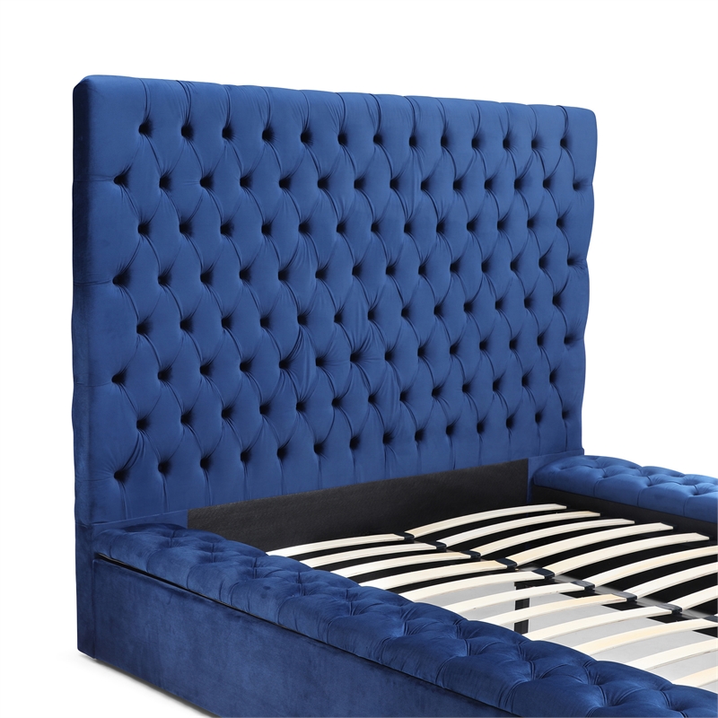 Pemberly Row Queen Velvet Tufted Storage Platform Bed in Blue