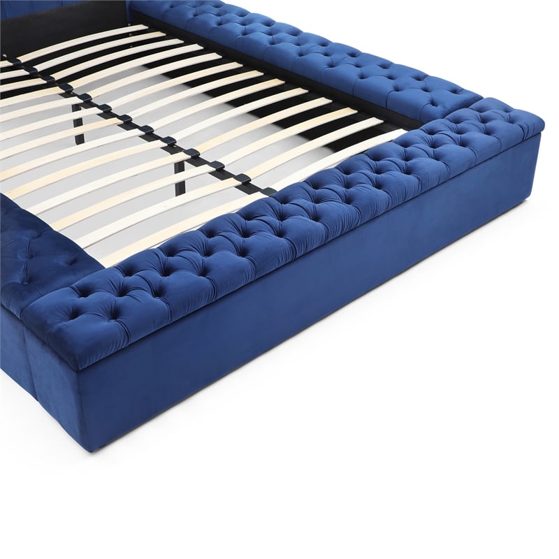 Pemberly Row Queen Velvet Tufted Storage Platform Bed in Blue