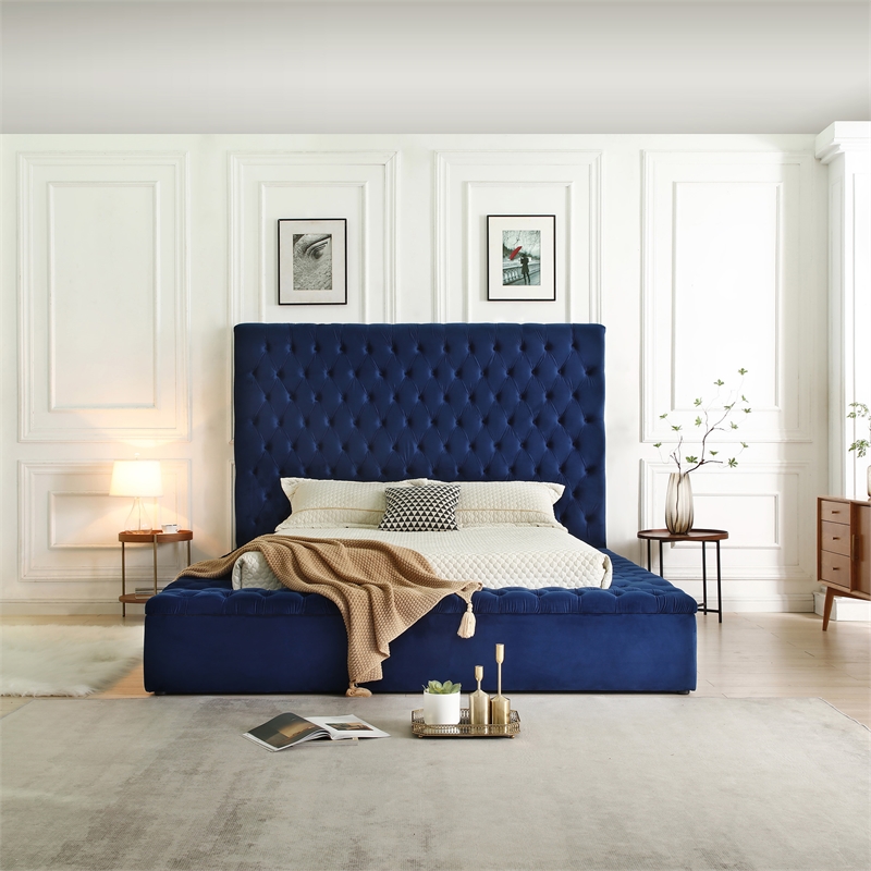 Pemberly Row Queen Velvet Tufted Storage Platform Bed in Blue