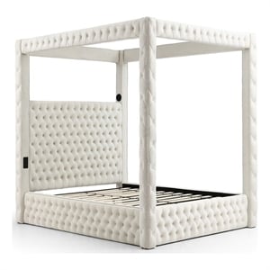 Pemberly Row Velvet Canopy Queen Bed with Speaker & USB Port in Cream