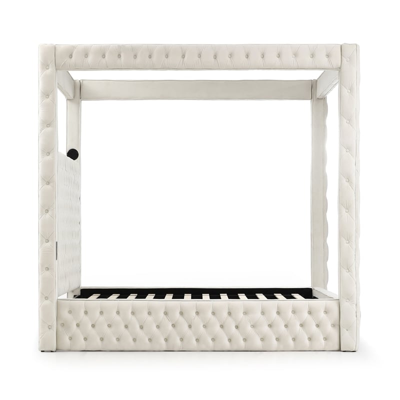 Pemberly Row Velvet Canopy Queen Bed with Speaker & USB Port in Cream