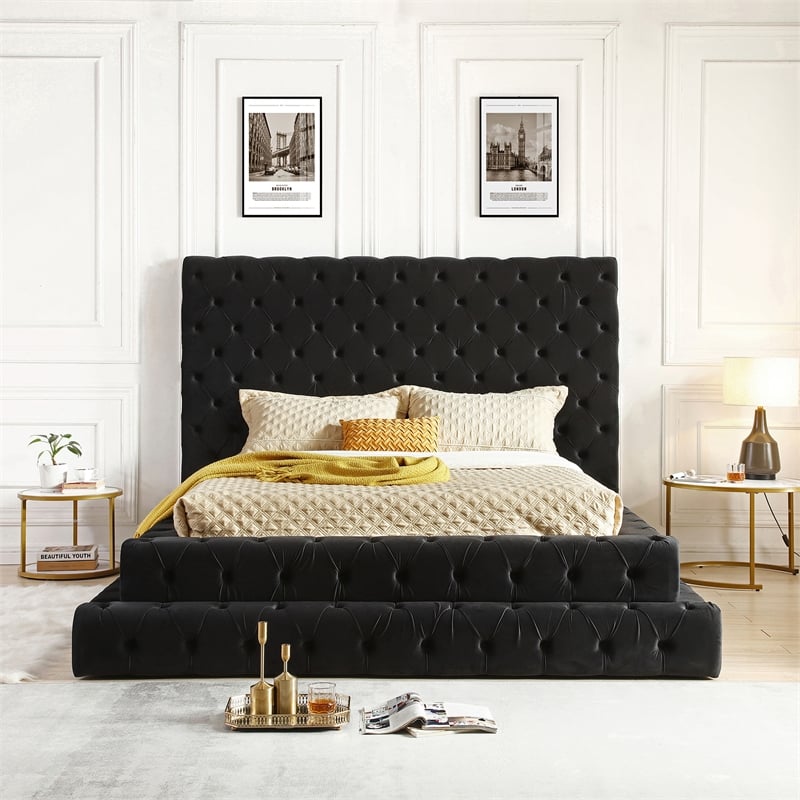 Pemberly Row Queen Velvet Upholstered Bed with Raised Frame in Black