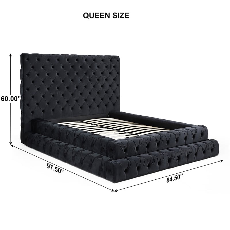 Pemberly Row Queen Velvet Upholstered Bed with Raised Frame in Black