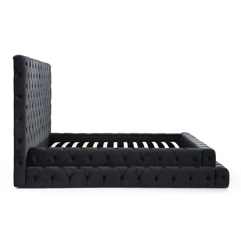 Pemberly Row Queen Velvet Upholstered Bed with Raised Frame in Black