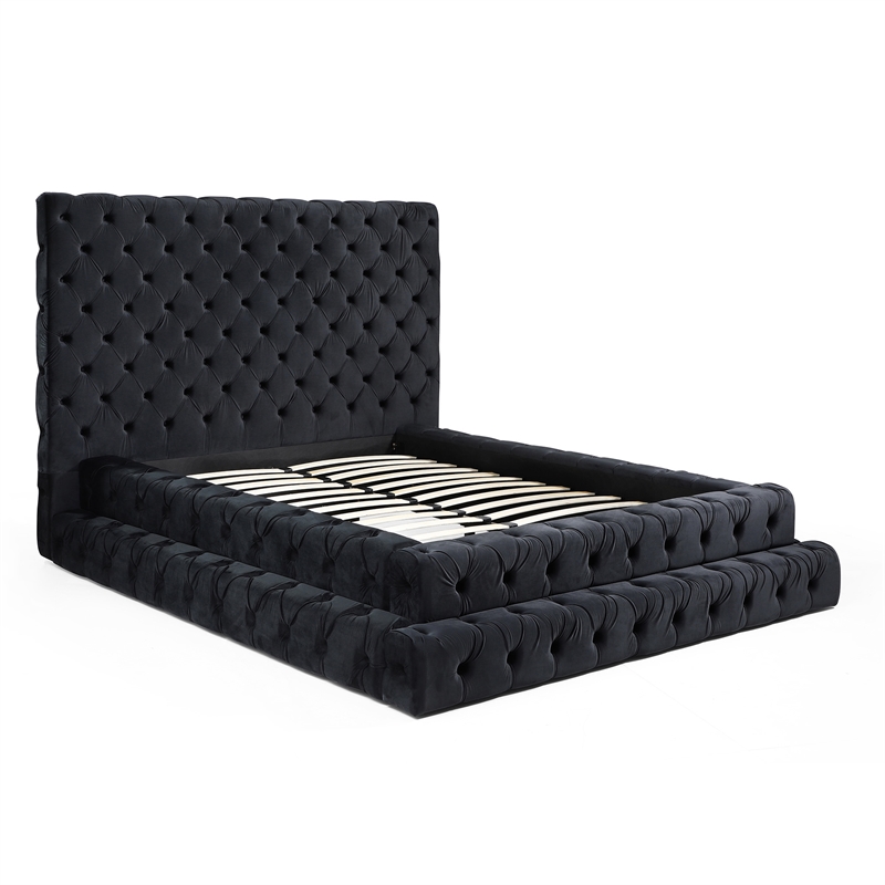 Pemberly Row Queen Velvet Upholstered Bed with Raised Frame in Black