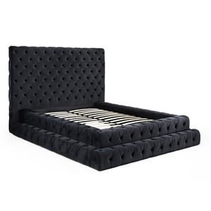 Pemberly Row Queen Velvet Upholstered Bed with Raised Frame in Black