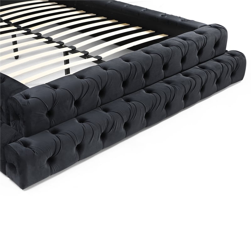 Pemberly Row Queen Velvet Upholstered Bed with Raised Frame in Black