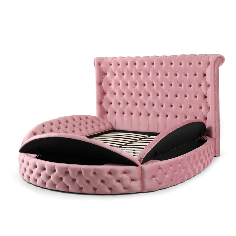 Pemberly Row Elizabeth Velvet Round Storage King Bed in Pink Finish