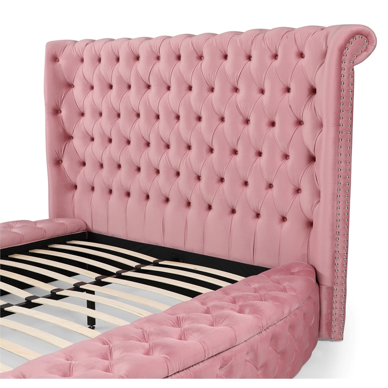 Pemberly Row Elizabeth Velvet Round Storage King Bed in Pink Finish