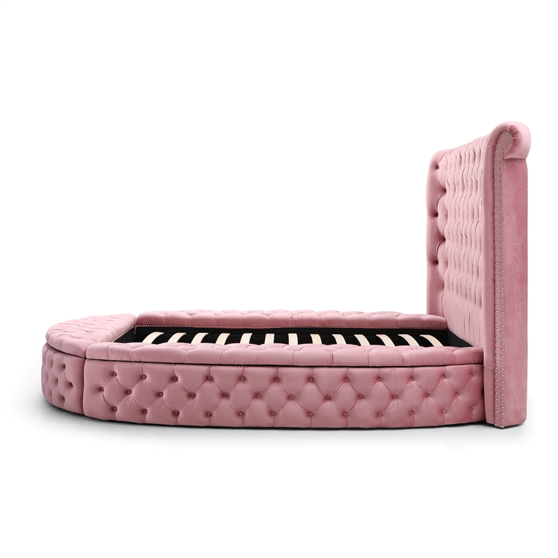 Pemberly Row Elizabeth Velvet Round Storage King Bed in Pink Finish