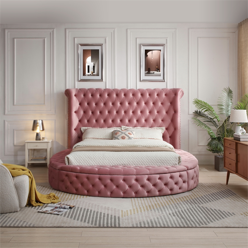 Pemberly Row Elizabeth Velvet Round Storage King Bed in Pink Finish