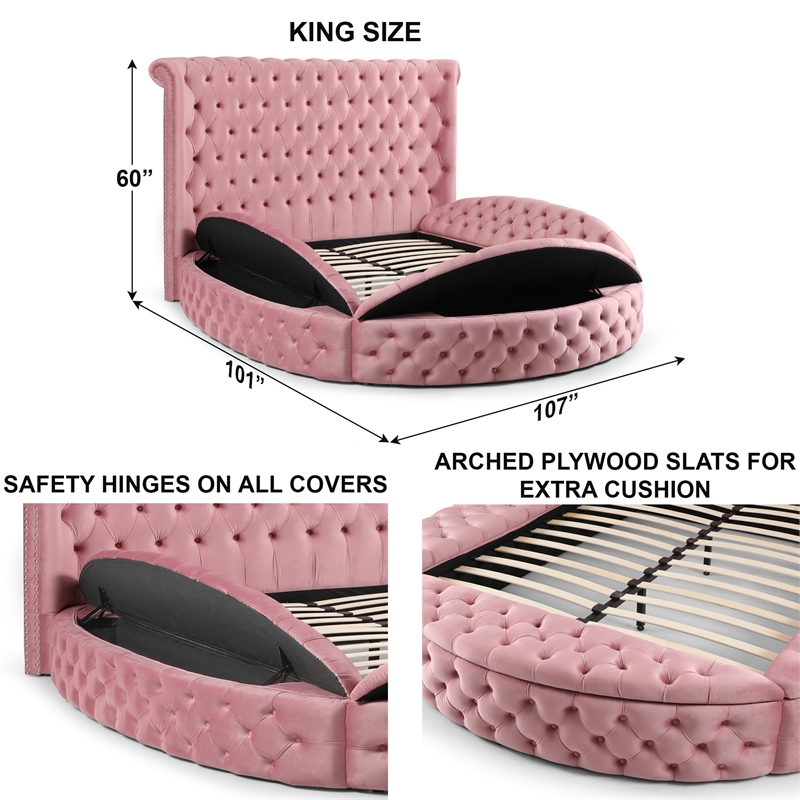 Pemberly Row Elizabeth Velvet Round Storage King Bed in Pink Finish