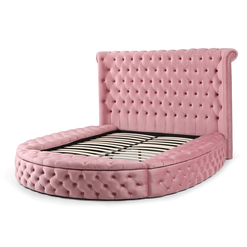 Pemberly Row Elizabeth Velvet Round Storage King Bed in Pink Finish