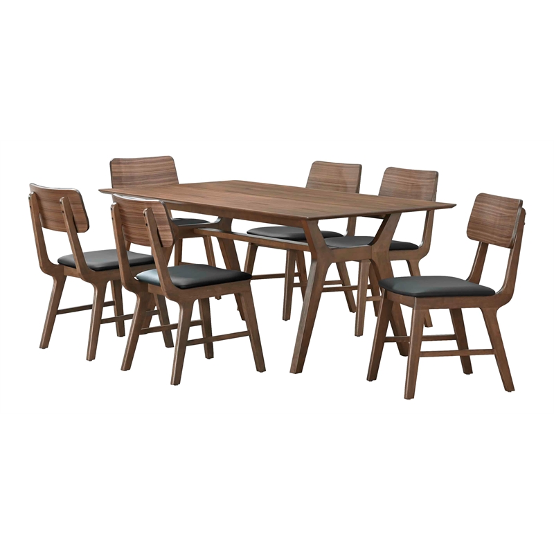 Pemberly Row Thea 7-Piece Wood Dining Set in Walnut with Black Seats