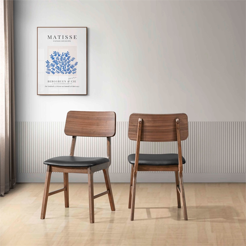 Pemberly Row Thea Wood Side Chair Set of 2 with Black Seat in Walnut