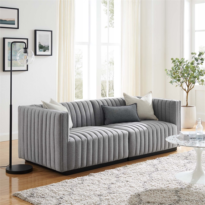 Pemberly Row Channel Tufted Fabric Loveseat in Black and Light Gray