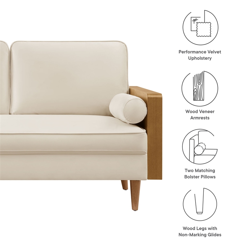 Pemberly Row Kellan Velvet 2-Seater Loveseat in Walnut Alabaster Finish