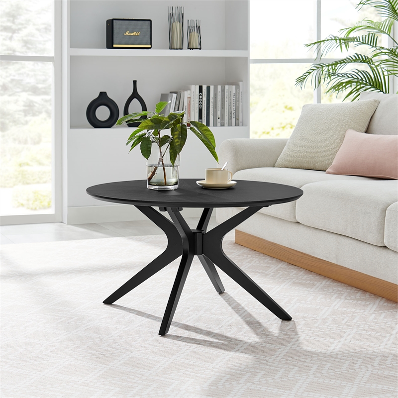 Pemberly Row Round Wood Coffee Table with Ash Wood Veneer in Black
