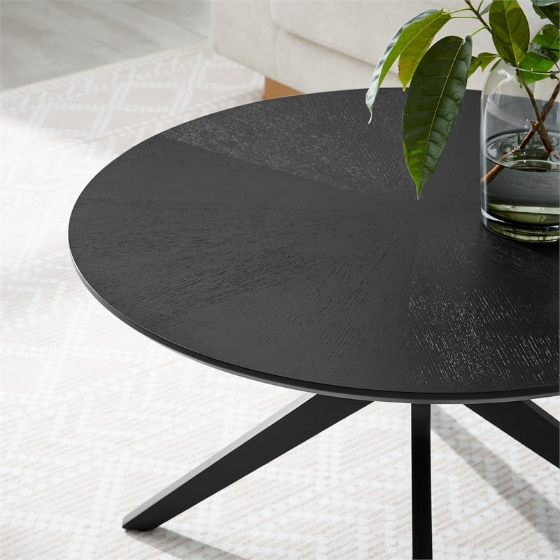 Pemberly Row Round Wood Coffee Table with Ash Wood Veneer in Black
