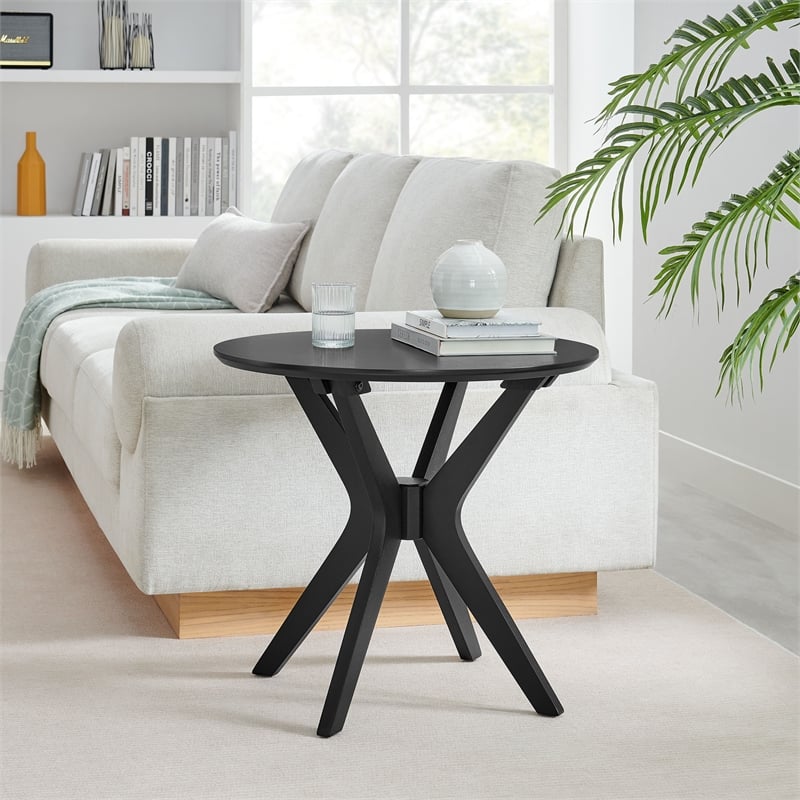 Pemberly Row 24 in Round Side Table with Ash Wood Veneer in Black