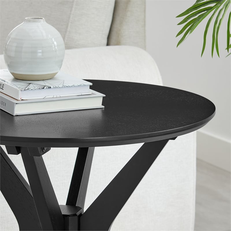 Pemberly Row 24 in Round Side Table with Ash Wood Veneer in Black