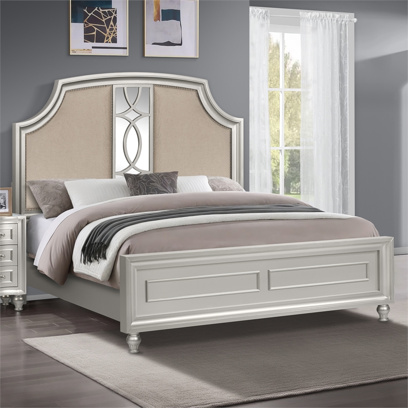 Pemberly Row Upholstered Wood California King Bed in Matte Silver Finish