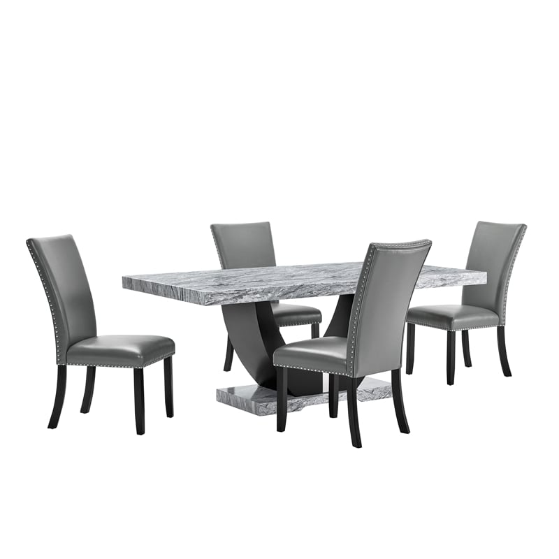 Pemberly Row Faux Marble Wood 5-Piece Dining Set in Gray and Black