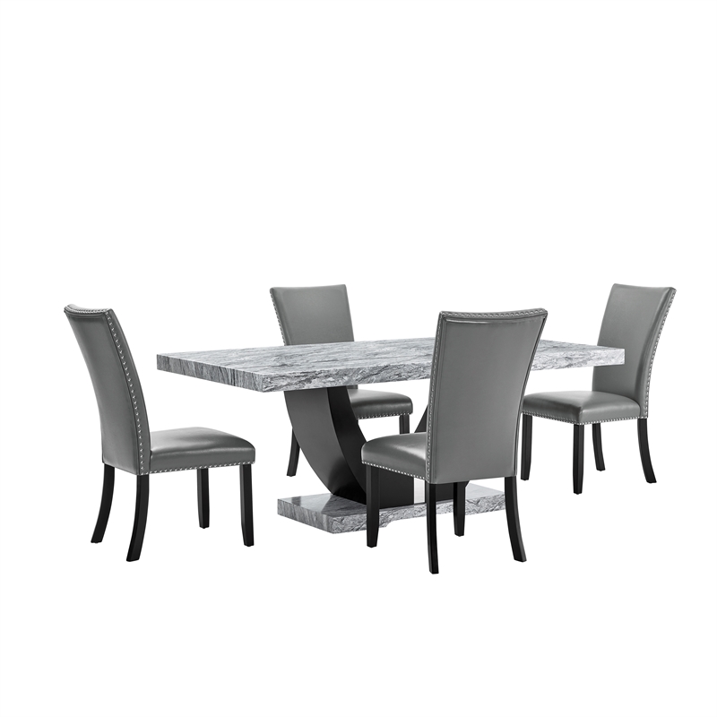 Pemberly Row Faux Marble Wood 5-Piece Dining Set in Gray and Black