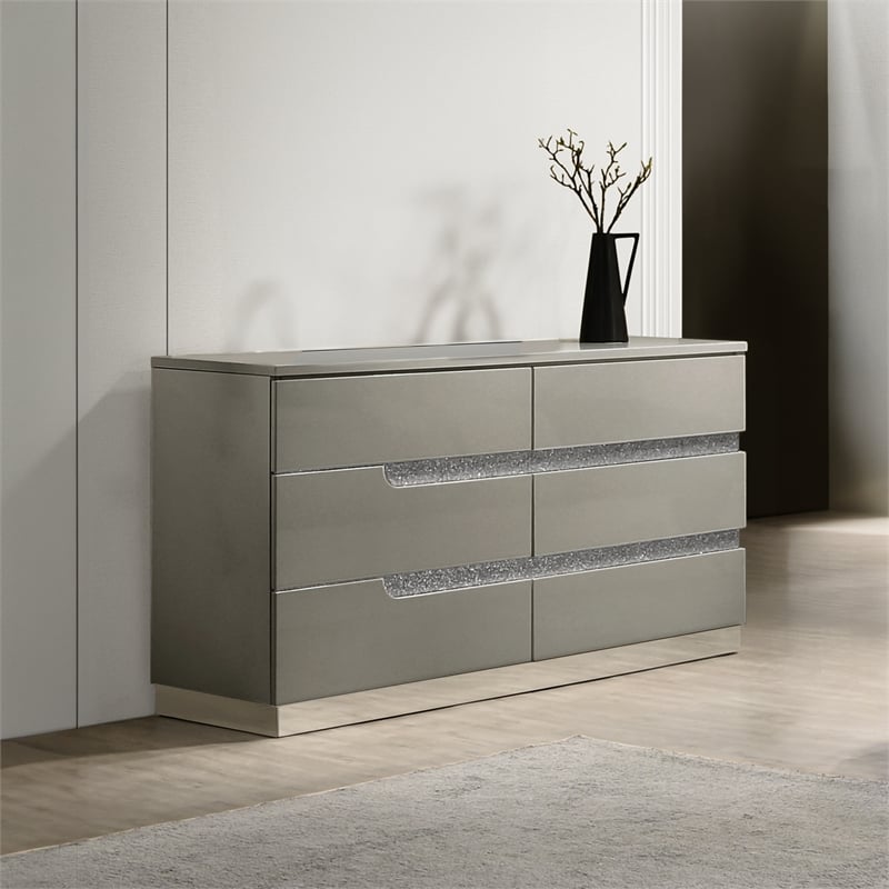 Pemberly Row Paradox Glam 6-Drawer Dresser with Gray Gloss Laminate Finish