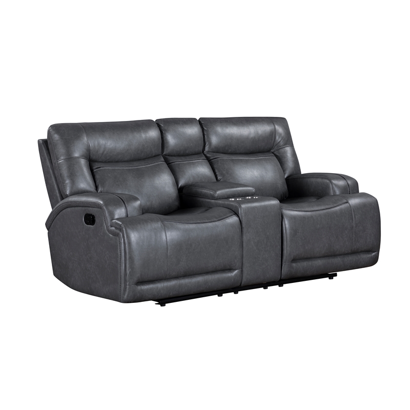 Pemberly Row Titan Faux Leather Reclining Console Loveseat in Grey