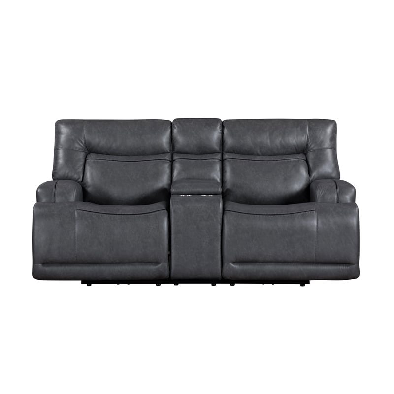Pemberly Row Titan Faux Leather Reclining Console Loveseat in Grey